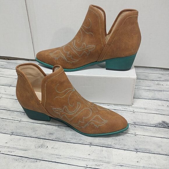 Jolimall Women SZ 11 Split Ankle Boot Cognac with Teal Soles Stitch Western . - Picture 2 of 10